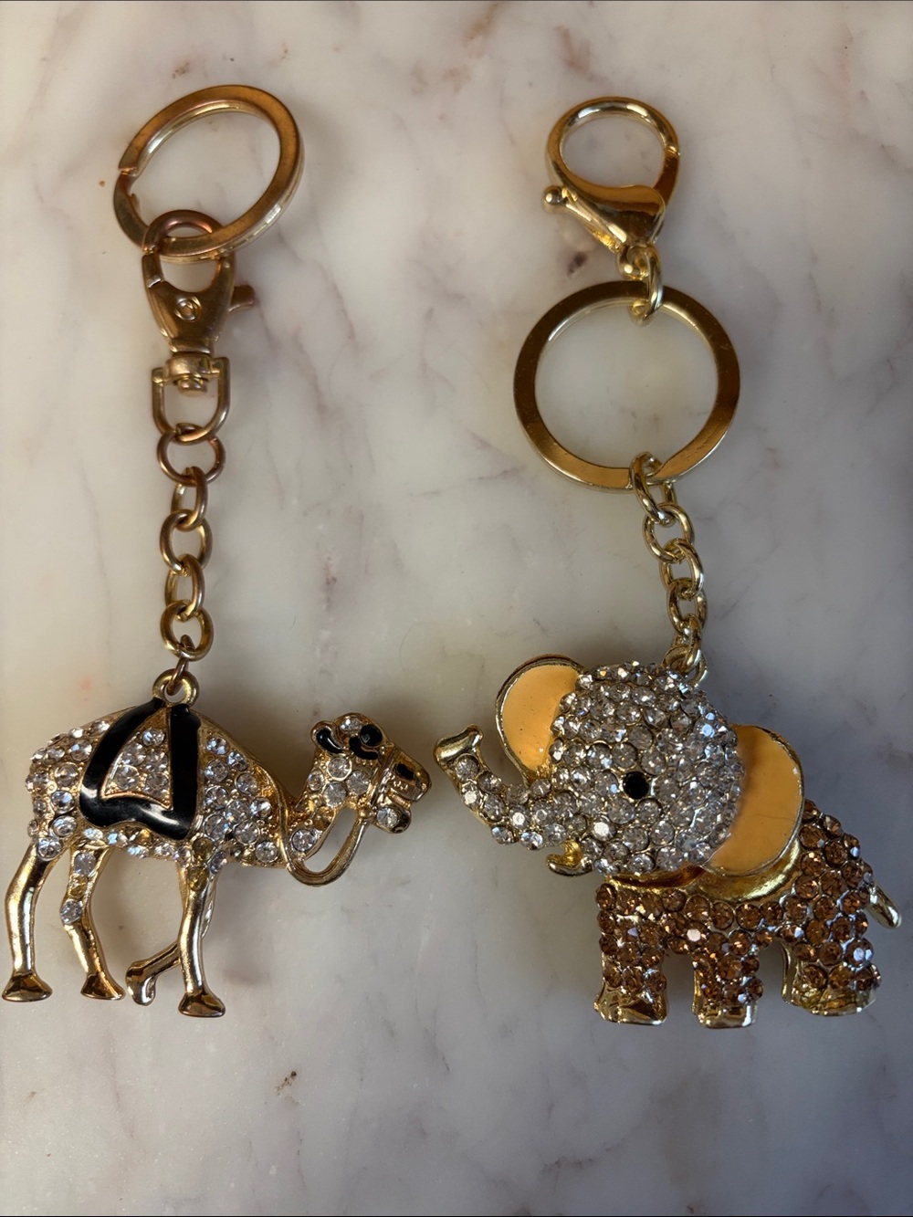 Gold Crystal Elephant & Camel Keychain Set